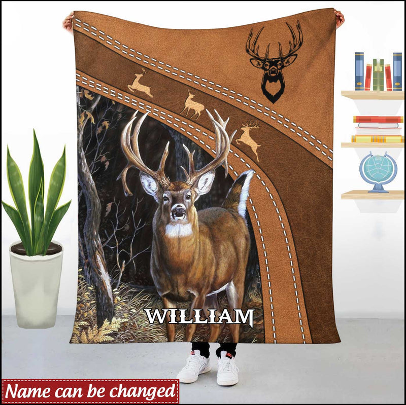 Maxcorners White-Tailed Deer hunting Leather Pattern Personalized Fleece - Blanket