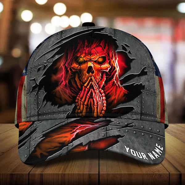 Maxcorners Custom Name Lava Skull Putting Hands Together Cap