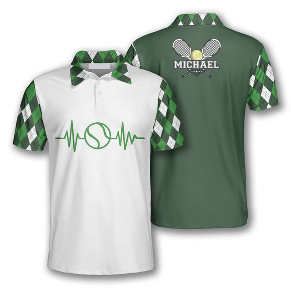 Maxcorners Tennis Heartbeat Pulse Line Green Argyle Plaid Customized Name All Over Printed Shirt