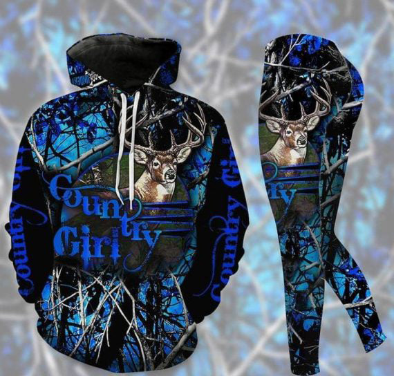 Maxcorners Deer Hunting Us Size Blue Country Girl Hoodie And Leggings PT39