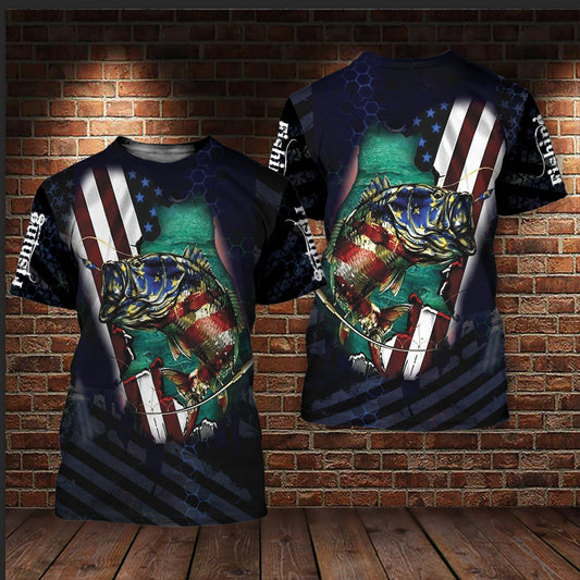 Maxcorners Bass Fishing American Flag Dark Blue 3D Shirt