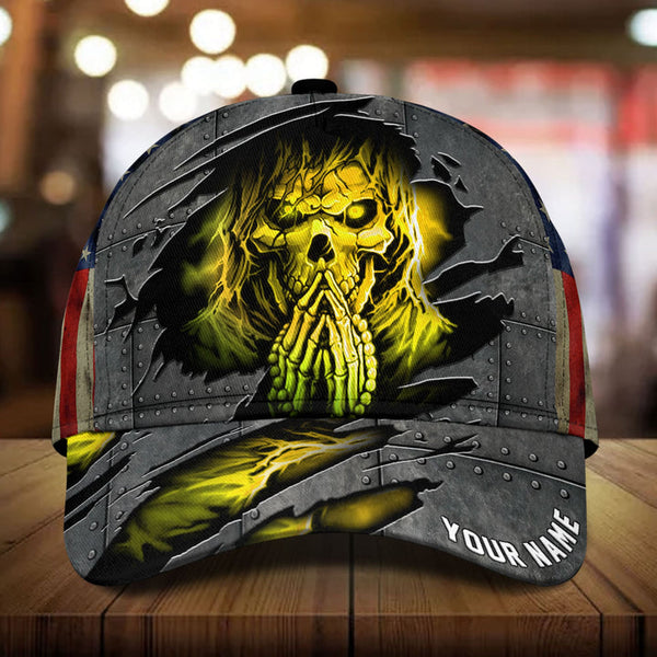 Maxcorners Custom Name Lava Skull Putting Hands Together Cap