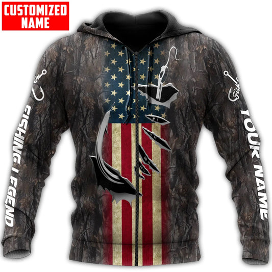 Maxcorners Fishing Hook American Flag Camo Personalized Name 3D Shirt